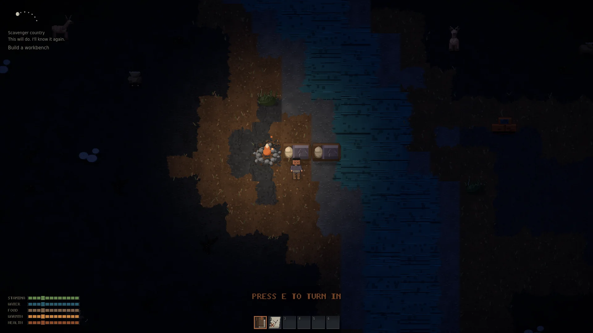 A camp at night: a lit fire, a survivor beside it, and the dark past the edge of the light.