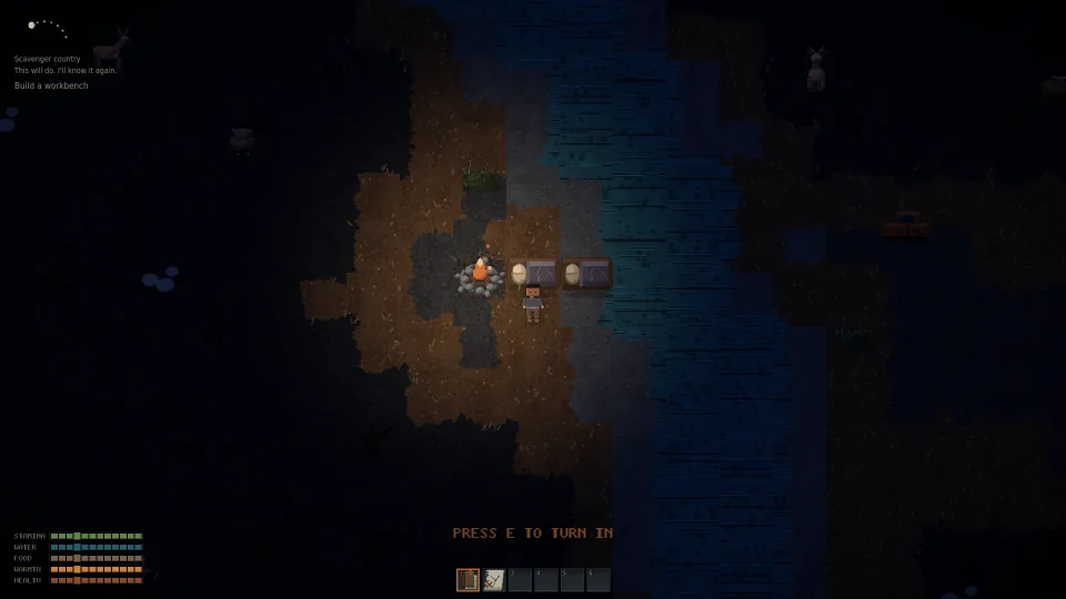 A camp at night: a lit fire, a survivor beside it, and the dark past the edge of the light.