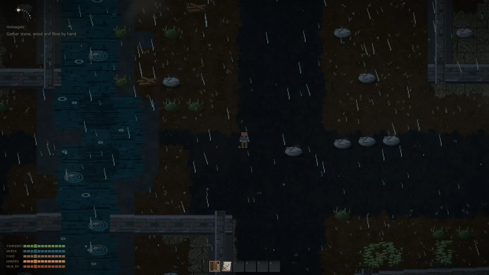 The ruined town of Hollowgate under heavy rain.