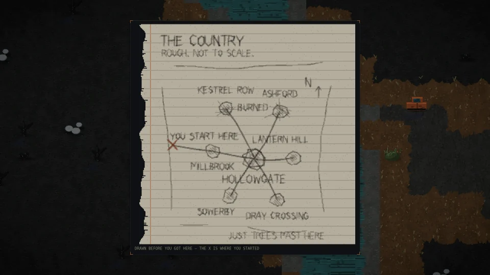 A hand-drawn map of the world, open in the player's hands.