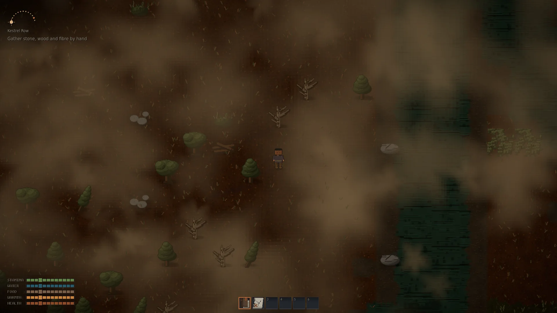 Fog across the forest at first light, sight shortened to a few tiles.